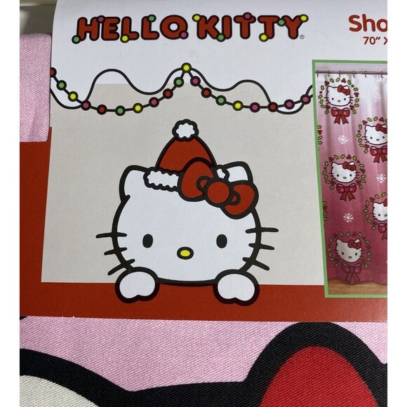 Hello Kitty Christmas Wreath Shower Curtain 70”x72” Gradient 100% Cotton - Picture 3 of 9
